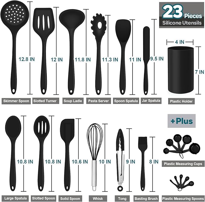 Silicone Kitchen Utensils Set, E-far 23 Pcs Black Cooking Utensils Tools with Holder for Nonstick Cookware, Include Spatula/Spoon/Ladle/Tongs/Turner, Heat Resistant & Nontoxic, Dishwasher Safe - Image 3