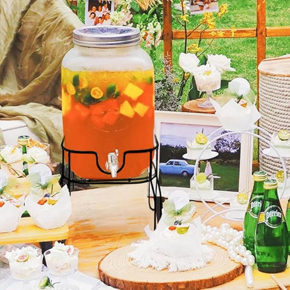 2 Gallon Drink Dispenser with 2 Press Type Spigot, Sun Tea Glass Mason Jar for Outside, Iced Lemonade Beverage Dispenser with Fruit Infuser, Large Water Juice Jug, Punch Dispenser for Parties