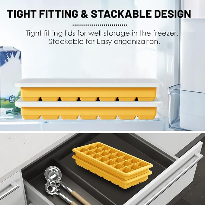 Silicone Ice Cube Trays 3Packs, Easy Release Ice Cube Molds with Lid, Freezer Stackable Ice Maker for Whiskey, Baby Food, BPA Free (2, Yellow) - Image 4