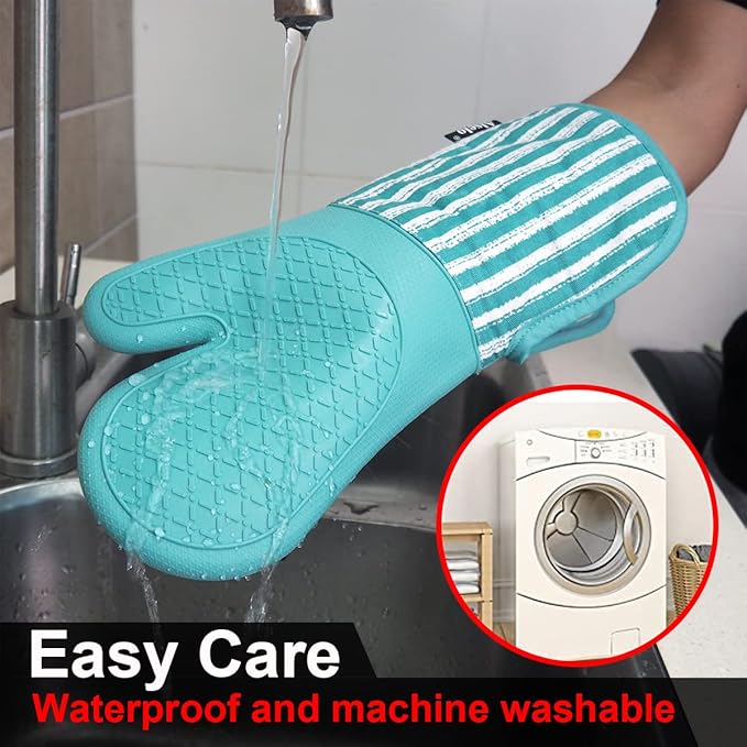 Alselo Silicone Oven Mitts Heat Resistant 932℉ with Waterproof & Non-Slip Kitchen Mittens, Set of 2 Extra Long Oven Gloves with Soft Cotton Terry Lining for Baking Cooking Barbecue - Image 6