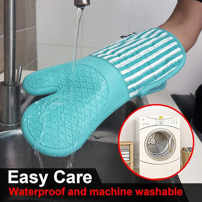 Alselo Silicone Oven Mitts Heat Resistant 932℉ with Waterproof & Non-Slip Kitchen Mittens, Set of 2 Extra Long Oven Gloves with Soft Cotton Terry Lining for Baking Cooking Barbecue - Image 6