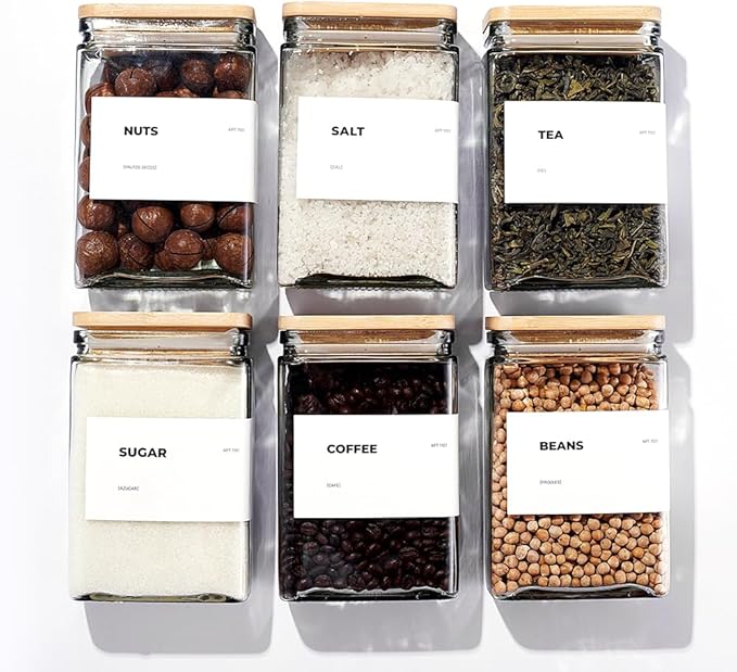 APT 1101 Glass Storage Jars with Bamboo Lid, glass canisters with airtight lids, Clear jars with lids for Spice, Cookie, Candy, Tea, Coffee Bean and Rice (White, Pantry Jar Set (26 oz, set of 6)) by APT1101