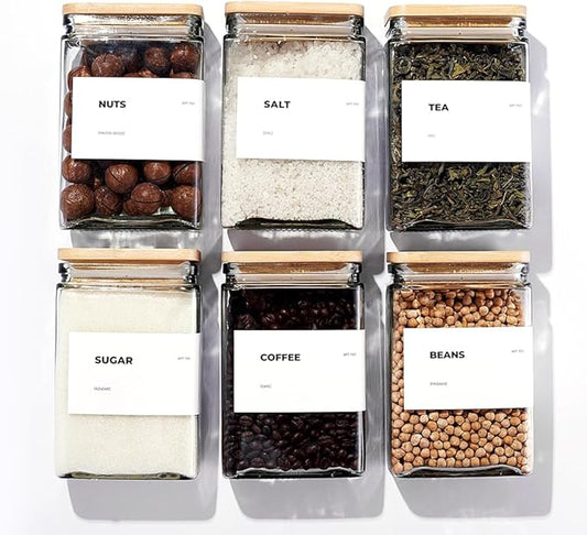 APT 1101 Glass Storage Jars with Bamboo Lid, glass canisters with airtight lids, Clear jars with lids for Spice, Cookie, Candy, Tea, Coffee Bean and Rice (White, Pantry Jar Set (26 oz, set of 6)) by APT1101