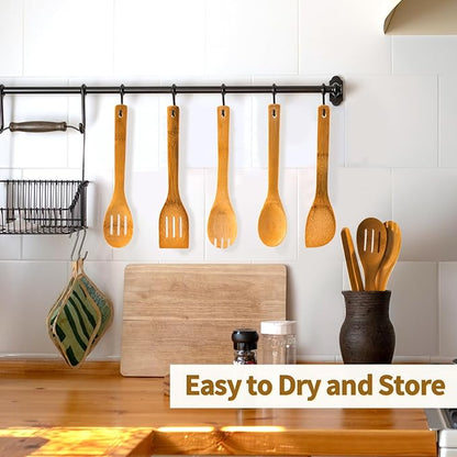 Eisinly Wooden Spoons for Cooking 7-Piece, Kitchen Nonstick Bamboo Cooking Utensils Set, Carbonized Bamboo Durability Spatula Spoon for Everyday Use - Image 5