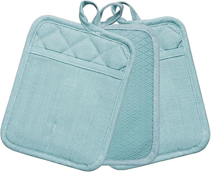 Pot Holders Yarn-Dyed Set of 3 Non Slip Silicone Kitchen Lines Heat Resistant 500℉ Kitchen Gloves BBQ Cooking Baking Cooking Barbecue Microwave Machine Washable (Light Blue Potholders)