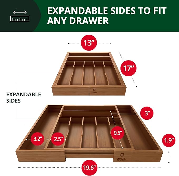 ROYAL CRAFT WOOD Luxury Bamboo Kitchen Drawer Organizer - Silverware Organizer - Utensil Holder and Cutlery Tray with Grooved Drawer Dividers for Flatware and Kitchen Utensils (9 Slot, Brown Bamboo) - Image 2