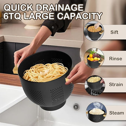 Metal Colander with Wood Handle and Stable Base, Powder Coated Steel Kitchen Strainer Basket for Draining Pasta, Vegetable and fruit(5.5quart,Matte Black) - Image 3