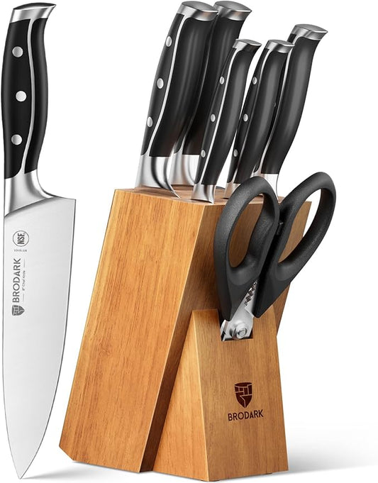 BRODARK Knife Set: 7 Piece Ultra Sharp Kitchen Knife Set Without Steak Knives, Knives Set for Kitchen with High Carbon Super Steel & Ergonomic Handle, Acacia Wood Block with Scissors and Sharpener by BRODARK