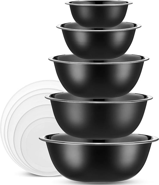 WHYSKO Stainless Steel Mixing Bowl Set, 10 Piece Stainless Steel Mixing Bowls with Lids Set for Food Prep Storage and Serving, Dishwasher Safe for Kitchen Baking Cooking, Black by WHYSKO
