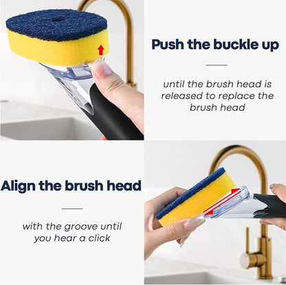 Dish Brush with Soap Dispenser Storage Set with 2 PCS Sponge Refills & Holder, Soap Dispensing Dish Brushes, Sponge with Soap Dispenser Handle, Dish Sponges with Handle for Dishes Pans Pots Sink