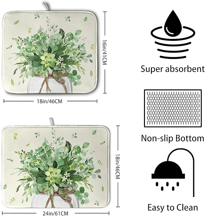 Spring Sage Green Leaves Dish Drying Mat for Kitchen Counter Eucalyptus Leaf Floral Mason Jar Dishes Drainer Mats Absorbent Microfiber Dish Draining Mat Reversible Dish Pad 16x18 Inch - Image 2