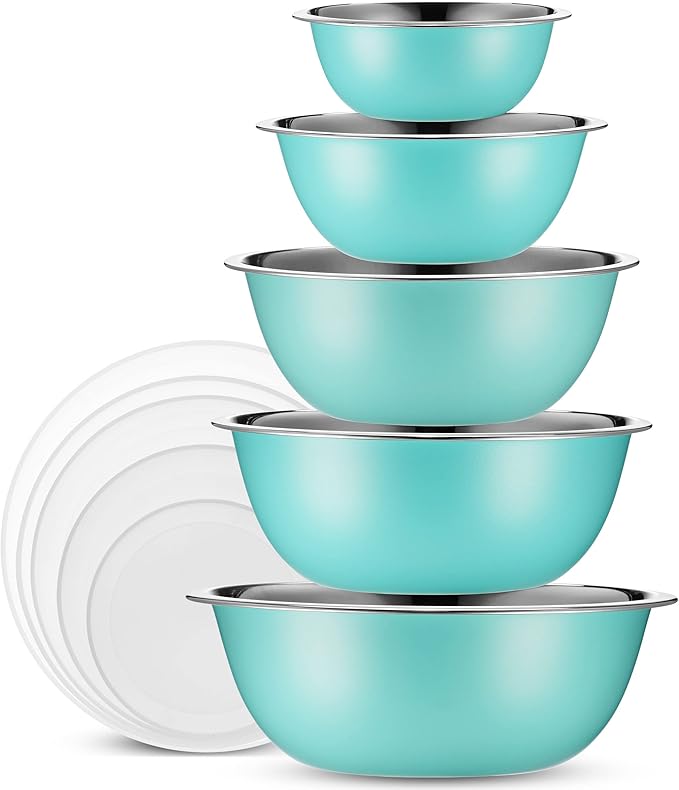 WHYSKO Stainless Steel Mixing Bowls With Lids Set, 5 Sizes Nesting Mixing Bowls for Your Kitchen Meal Prep, Cooking, Baking, and Food Storage (Blue Bowls with White Lids) by WHYSKO