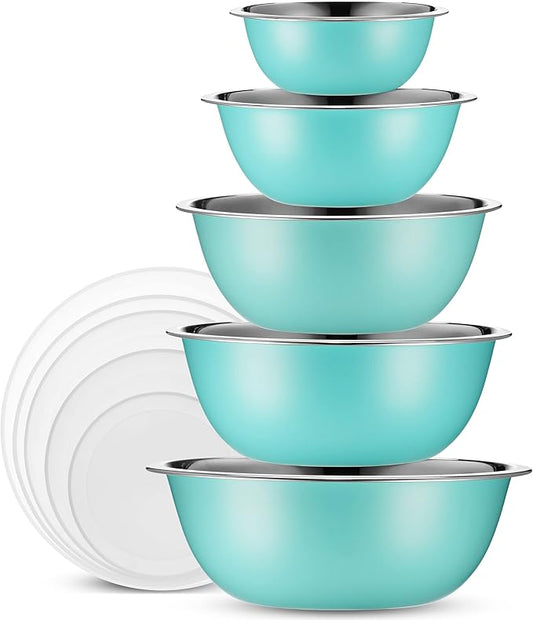 WHYSKO Stainless Steel Mixing Bowls With Lids Set, 5 Sizes Nesting Mixing Bowls for Your Kitchen Meal Prep, Cooking, Baking, and Food Storage (Blue Bowls with White Lids) by WHYSKO