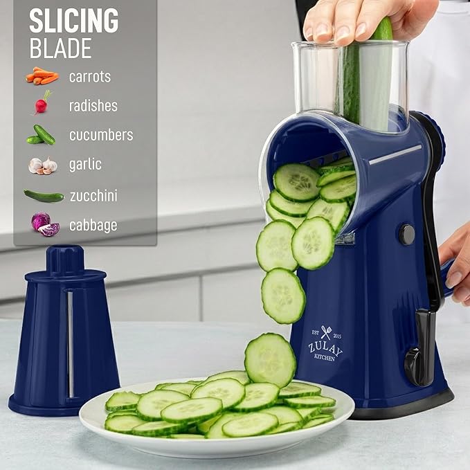 Zulay Kitchen Rotary Cheese Grater 5 Blade Cheese Shredder - Manual Hand Crank Cheese Grater With Reinforced Suction & 5 Interchangeable Drums - Easy to Use, Vegetable Chopper Round Mandoline Slicer - Image 5