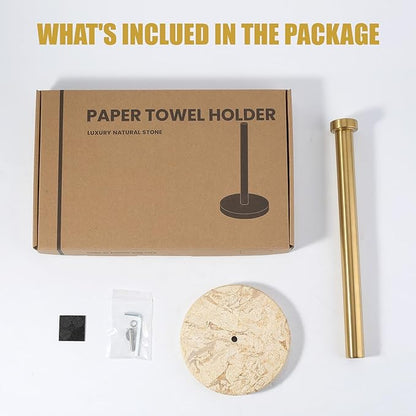 Koville Paper Towel Holder Countertop, Standing Paper Roll Holder with 6" Weighted Marble Base, Stone Paper Towel Holder with Gold Stainless Steel Rod for Kitchen Bathroom (Gold)
