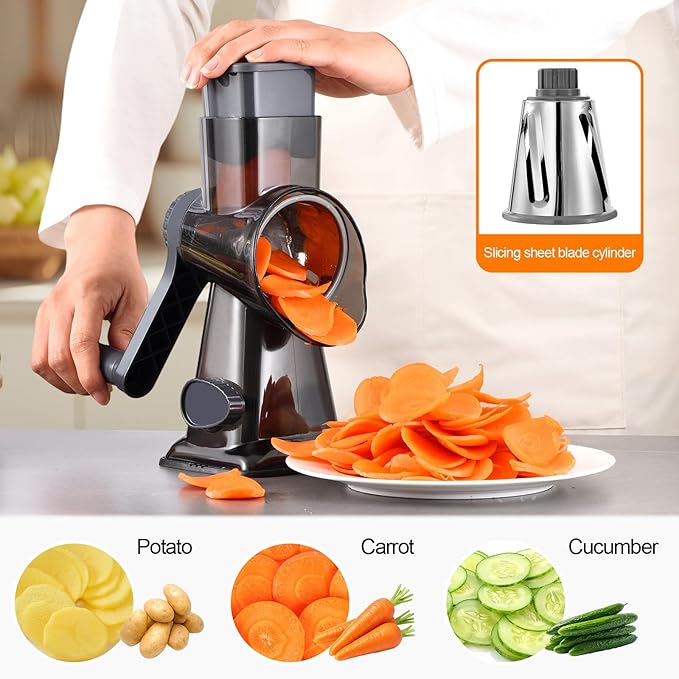 Rotary Cheese Grater Hand Crank with Suction Base, 3-in-1 Cheese Shredder for Cheese, Vegetables & Nuts, Easy to Clean (black) - Image 4