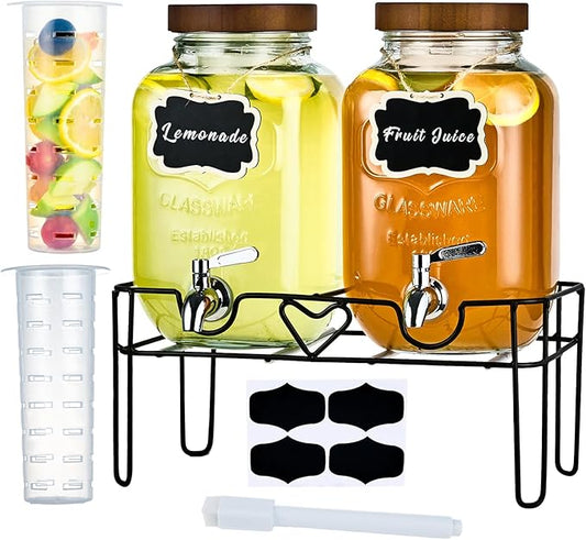 2 Pack1Gallon Glass Drink Dispenser with Stand&Bamboo Lids&Fruit Infuser,304 Stainless Steel Leak-Proof Spigot,Beverage Dispenser for Parties,Water Sangria Juice Sun Tea Lemonade(Brown)