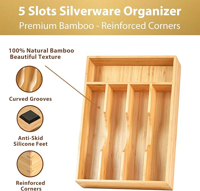 Umilife Bamboo Kitchen Drawer Organizer, 8.25 Inch Silverware Utensils Tray Holder for Small Drawer, Wood Caddy for Flatware Cutlery Knives - Image 2