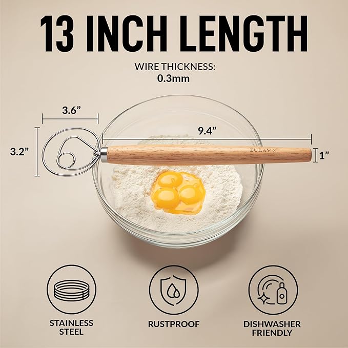 Zulay Kitchen 13-Inch Danish Dough Whisk - Stainless Steel Wooden Whisk with Dough Hook - Sourdough Whisk for Bread, Pizza, Pastry, Cake Batter & More - Wood - Image 2
