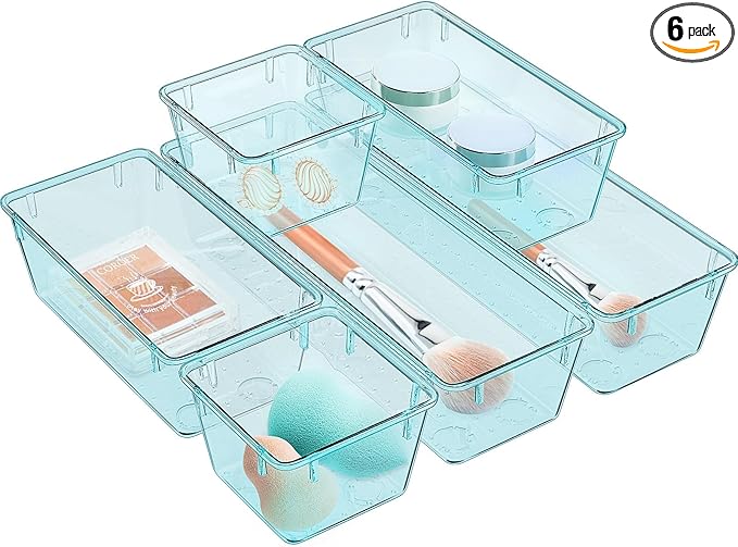 WOWBOX 6 Pack Clear Drawer Organizer Set, Acrylic Drawer Storage Trays, Storage Bins for Makeup, Cosmetics, Jewelries, Utensils, Gadgets, Office, Sea Blue by WOWBOX