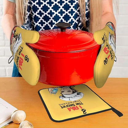 Cute Yellow Retro Chef Humorous Oven Mitts & Pot Holders Set of 3, Heat Resistant Funny Kitchen Gloves and Hot Pads for Cooking Baking Grilling, Gifts for Women Cooking Lovers, Home Decor, Yellow Red