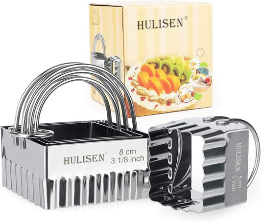 HULISEN Square Biscuit Cutter Set (4 Pieces/Set), Stainless Steel Cookies Cutter with Handle, Professional Baking Dough Tools (Ripple Square) by HULISEN