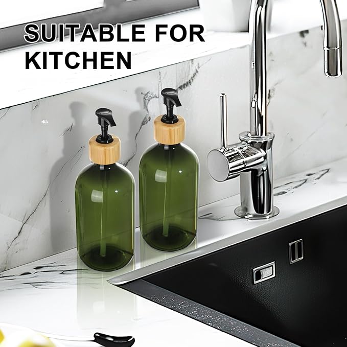 KASUNTING Green Soap Dispenser, Plastic Bathroom Soap and Lotion Dispenser Set with Bamboo Pump, 2 Pack 17 Fl Oz Hand and Dish Soap Dispensers Set for Bathroom, Refillable Liquid Soap Bottles - Image 7