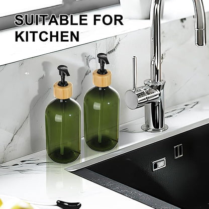 KASUNTING Green Soap Dispenser, Plastic Bathroom Soap and Lotion Dispenser Set with Bamboo Pump, 2 Pack 17 Fl Oz Hand and Dish Soap Dispensers Set for Bathroom, Refillable Liquid Soap Bottles - Image 7