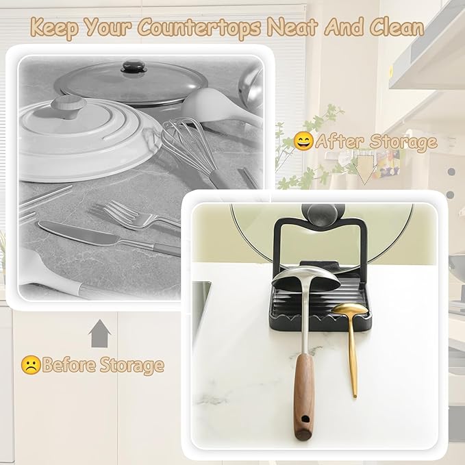Spoon Rest with Lid Holder, Stainless Steel Lid Holder While Cooking & Organizer with Detachable Drain Tray, Anti-Rust Countertop Space Saver for Spoons, Spatulas (Black) - Image 6