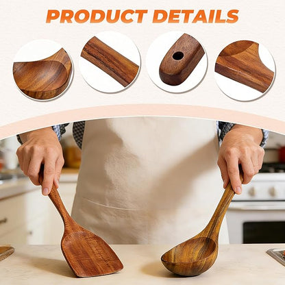 2Pcs Wooden Ladle and Spatula, Natural Acacia Long Handle, Large Capacity, Wooden Soup Spoon and Flat Frying Turner for Cooking, Fry, Stirring, Serving, Non-stick Kitchen Utensils Cookware
