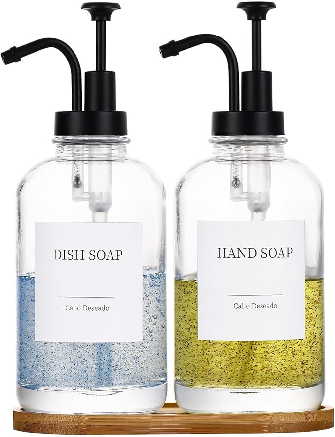 Glass Soap Dispenser with Pump, Dish and Hand Soap Dispenser for Kitchen Bathroom Set, Clear Glass Dispenser Set of 2 Pack with 18 Stickers Funnel Bamboo Tray 500ml 18oz / Each Bottle Sliver Pump by CaboDeseado