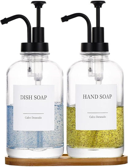 Glass Soap Dispenser with Pump, Dish and Hand Soap Dispenser for Kitchen Bathroom Set, Clear Glass Dispenser Set of 2 Pack with 18 Stickers Funnel Bamboo Tray 500ml 18oz / Each Bottle Sliver Pump by CaboDeseado