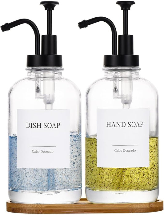Glass Soap Dispenser with Pump, Dish and Hand Soap Dispenser for Kitchen Bathroom Set, Clear Glass Dispenser Set of 2 Pack with 18 Stickers Funnel Bamboo Tray 500ml 18oz / Each Bottle Sliver Pump by CaboDeseado