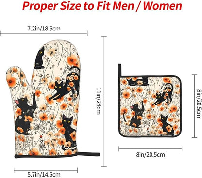 Orange Floral Pot Holders and Oven Mitts Set of 3,Cute Black Cat Kitchen Gloves Hot Pads for Baking Cooking Grilling BBQ Kitchen Decor,Black Cat Lover Gifts for Women