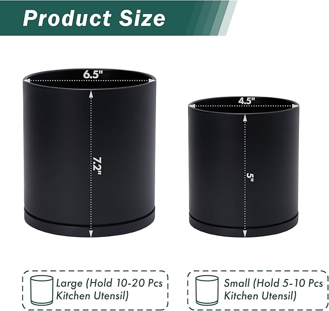 D'vine Dev 360° Rotating Utensil Holder Set – 7.2"+5" Kitchen Utensil Crocks for Countertop, Modern Cooking Tool Organizers for Kitchen Storage +Décor, Black, Set of 2, 72-Z-B-1 - Image 3