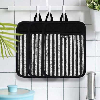 Alselo Silicone Pot Holders Set of 3 Heat Resistant & Non Slip Potholders, Professional Oven Hot Pads with Pockets Mitts for Kitchen Cooking Baking Barbecue (3, Black) - Image 7