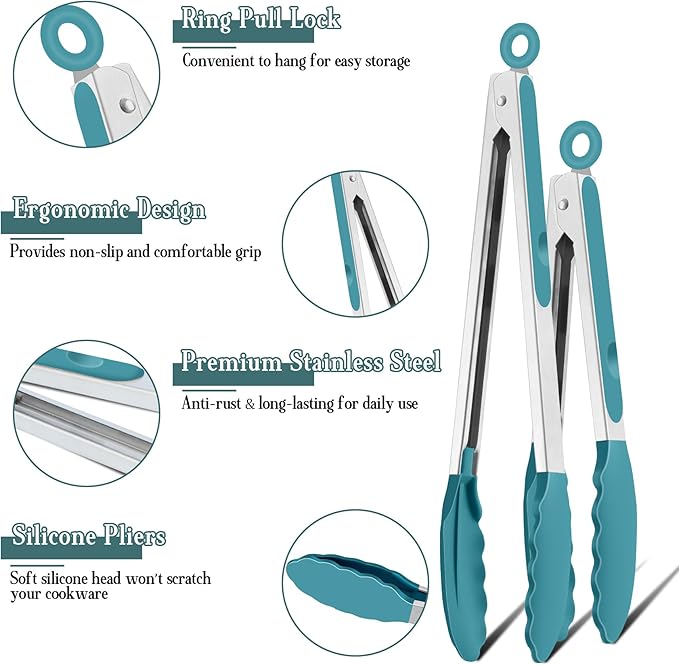 TeamFar Kitchen Tongs, 9" and 12" Stainless Steel Cooking Tongs with Silicone Tips for Cooking Grilling Serving & BBQ, Heat Resistant Silicone Tongs, Locking Design & Dishwasher Safe, Set of 2 & Blue - Image 3