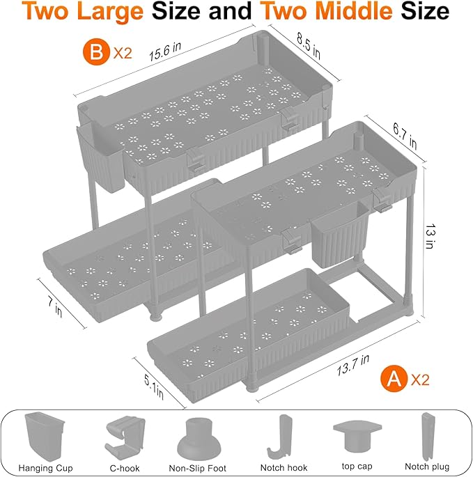 Sevenblue Under Sink Organizer, Bathroom Organizers and Storage, 2 Tier Multi-Use Pull Out Cabinet Organizer with Hang Hooks and Cups (Gray, 4 Pack) - Image 6