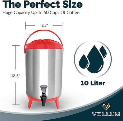 Vollum Stainless Steel Insulated Beverage Dispenser – Insulated Thermal Hot and Cold Coffee Carafe – 12 Liter Drink Dispenser with Spigot for Hot Water, Tea & Coffee, Cold Milk, Juice & More RED