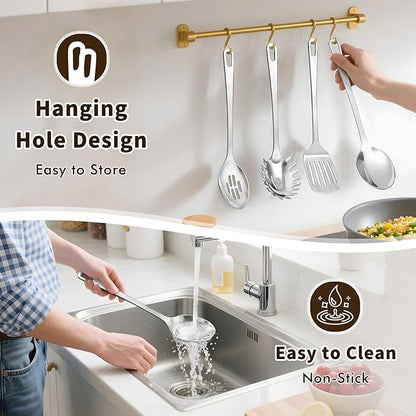 3 Pcs Stainless Steel Cooking Utensils Set, Heat Resistant Kitchen Utensils, Metal Kitchen Tools Include Solid & Slotted Spoon, Pasta Server, Ergonomic Handle, Dishwasher Safe, Easy to Clean, Silver - Image 6