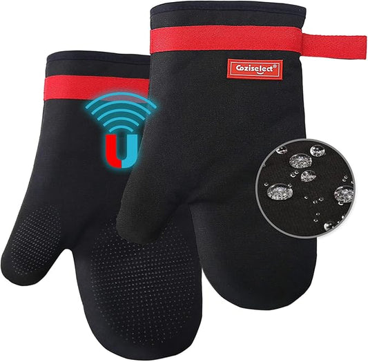 Silicone Oven Mitts, Magnetic Oven Mitt Set, Cotton Oven Mits Heat Resistant, Anti-Slip Hot Mitts for Kitchen, Cooking, Baking, Grilling, Black by Coziselect