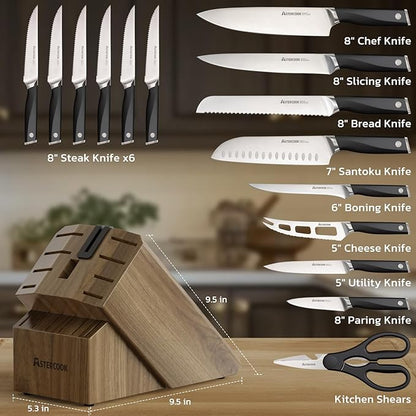 Astercook Knife Set, Kitchen Knives Set with Block and Sharpener Full Tang 17 Pcs German Stainless Steel Knives Sharp Blade Dishwasher Safe Premium Knife Set, Black Mothers Day Gifts for Women - Image 8
