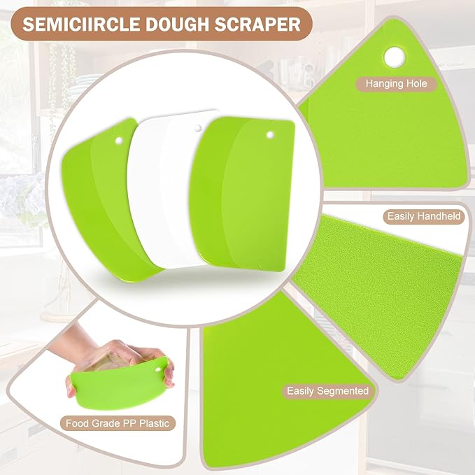 5 Pcs Bench Scraper, Bench Scraper Kitchen 2 Pcs Stainless Steel Dough Scraper with Wood Handle and 3 Pcs PP Food Scraper with Hanging Hole, Multipurpose Bread Dough Cutter for Baking-Green - Image 4