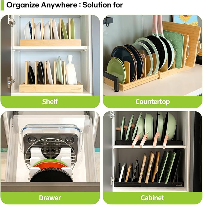 Pots and Pans Organizer under Cabinet, Bamboo Expandable Bakeware and Cutting Board Organizers, Adjustable Pot Lids Holder Rack, Cookie Sheet Baking Pan, Tray Organizer for Kitchen Storage (Natural) - Image 4