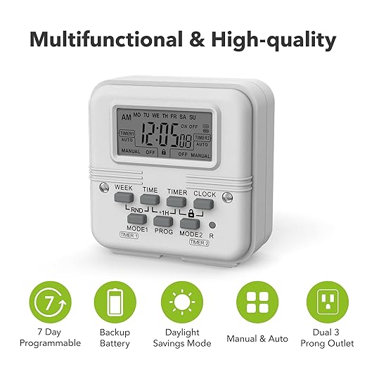 BN-LINK Indoor Digital Light Timer, 7 Day Programmable Plug with 2 Independent 3-Prong Outlets, for Lamps, Fans, 2 On/Off Settings, 1 Pack, 15A/1875W, ETL Listed - Image 7
