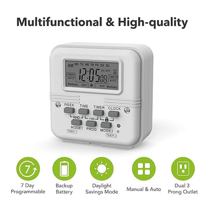BN-LINK Indoor Digital Light Timer, 7 Day Programmable Plug with 2 Independent 3-Prong Outlets, for Lamps, Fans, 2 On/Off Settings, 1 Pack, 15A/1875W, ETL Listed - Image 7