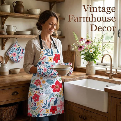 Floral Apron and Oven Mitt Set 5 Piece,Pioneer Woman Style Kitchen Aprons with Pockets, Heat Resistant Oven Gloves and Pot Holders Trivets, Vintage Farmhouse Decor Cooking Baking Gifts.