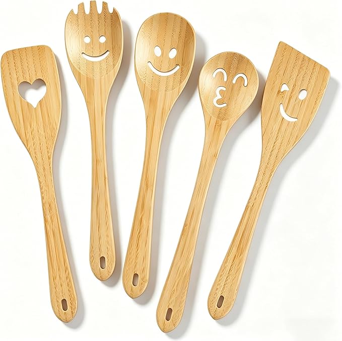 Fun Wooden Spoons for Cooking 5 Piece - Funny Kitchen Utensil Set Nonstick Smiley Face Cooking Spoons & Spatula Happy Cute Kitchen Accessories Unique Mothers Day Gifts Housewarming Gifts New Home
