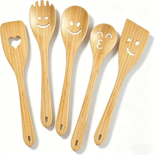 Fun Wooden Spoons for Cooking 5 Piece - Funny Kitchen Utensil Set Nonstick Smiley Face Cooking Spoons & Spatula Happy Cute Kitchen Accessories Unique Mothers Day Gifts Housewarming Gifts New Home