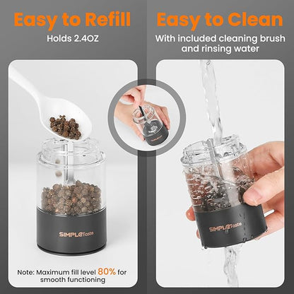 SIMPLETASTE Electric Salt and Pepper Grinder Set with LED Light, Automatic Pepper Mill Shakers with Adjustable Coarseness, One Hand Operation for Kitchen, Dining, Gifting, Black, Rechargeable - Image 6